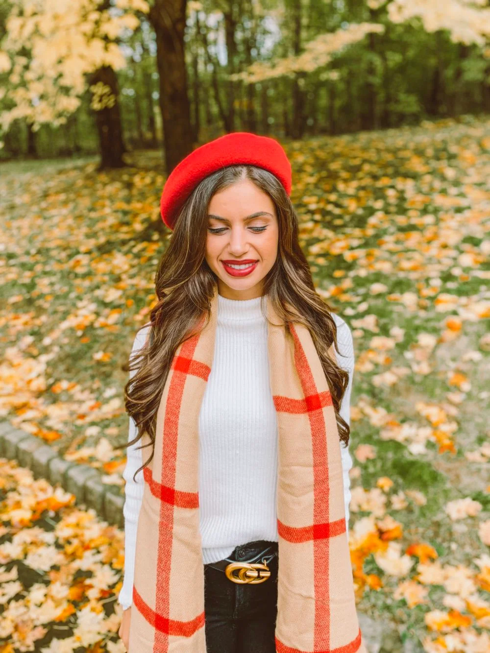 Neutral Outfit with Pops of Red for Fall