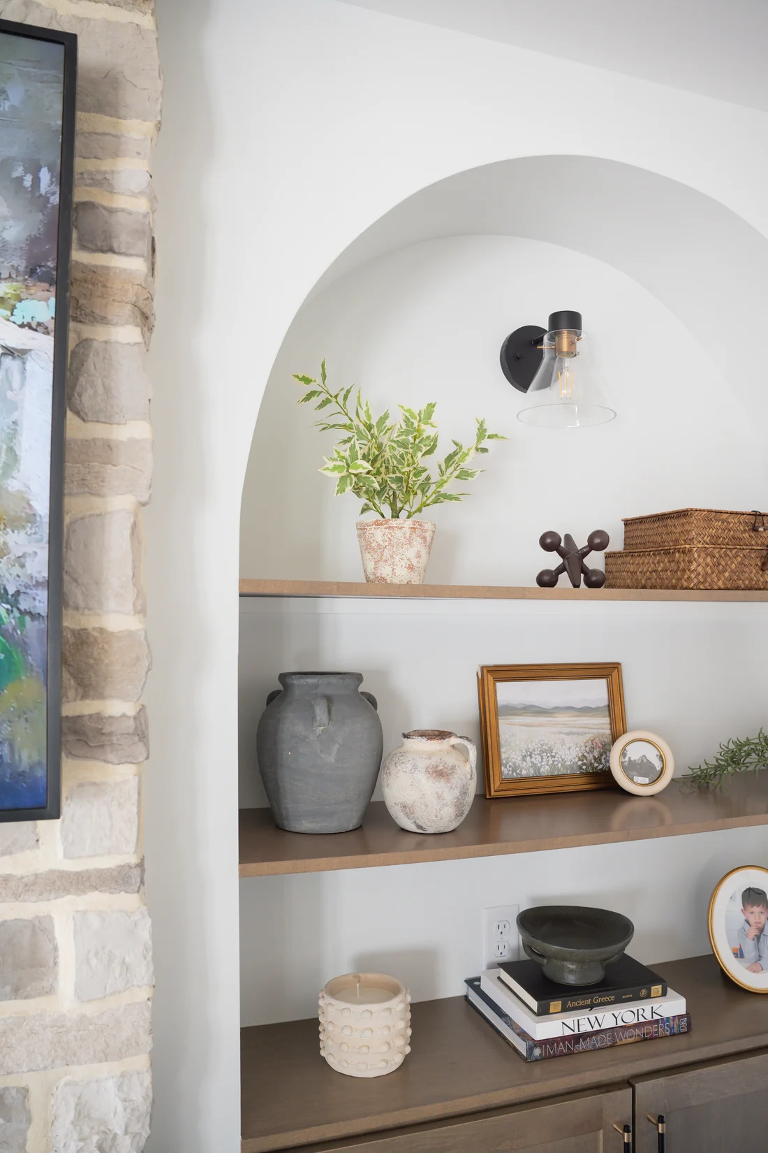 Styled home shelves with neutral decor