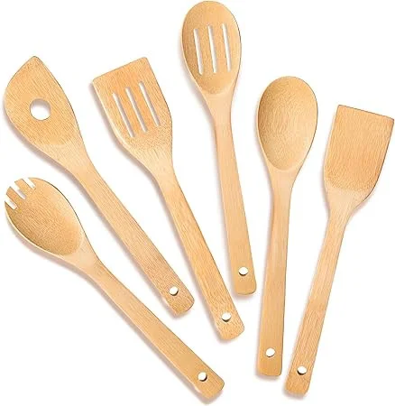 Click for more info about IOOLEEM Cooking Utensil Set (6, Natural Bamboo), wooden spoons for cooking, spatula set, wooden u...