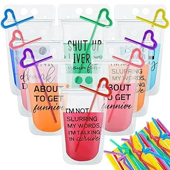 Click for more info about Drink Pouches with Straws Plastic Drink Bags with Zipper Party Beverage Bags Juice Pouches for Ad...