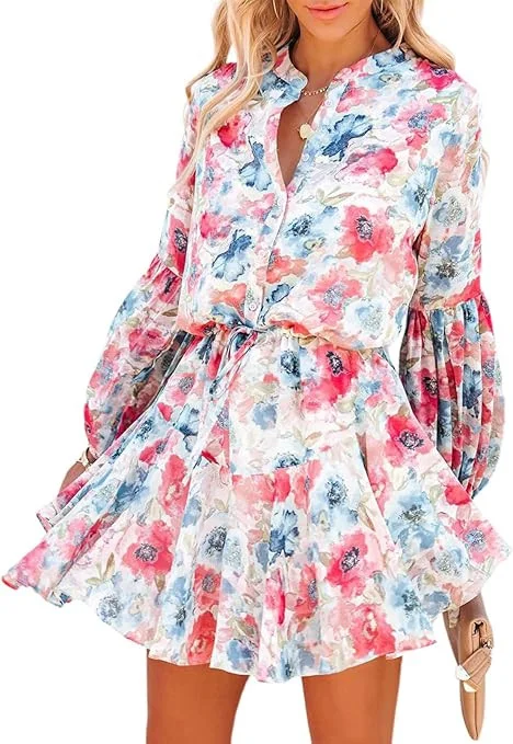 Click for more info about AlvaQ Womens Fall Summer Ruffle Lantern Sleeve Button Down Tie Waist Floral Print Swing Mini Dres...
