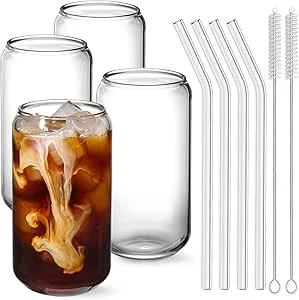 Click for more info about NETANY Drinking Glasses with Glass Straw 4pcs Set - 16oz Can Shaped Glass Cups, Beer Glasses, Ice...