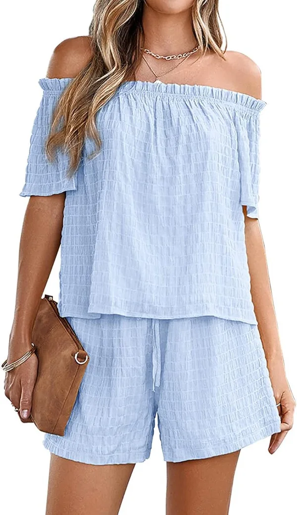 Click for more info about TAMEYA Summer Two Piece Outfits for Women, Cute Off Shoulder Tops+Shorts 2 Piece Matc...