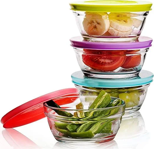 Click for more info about Small Glass Storage Containers with Lids, Stackable Bowls, Set of 4 with Multi-Colored BPA Free L...